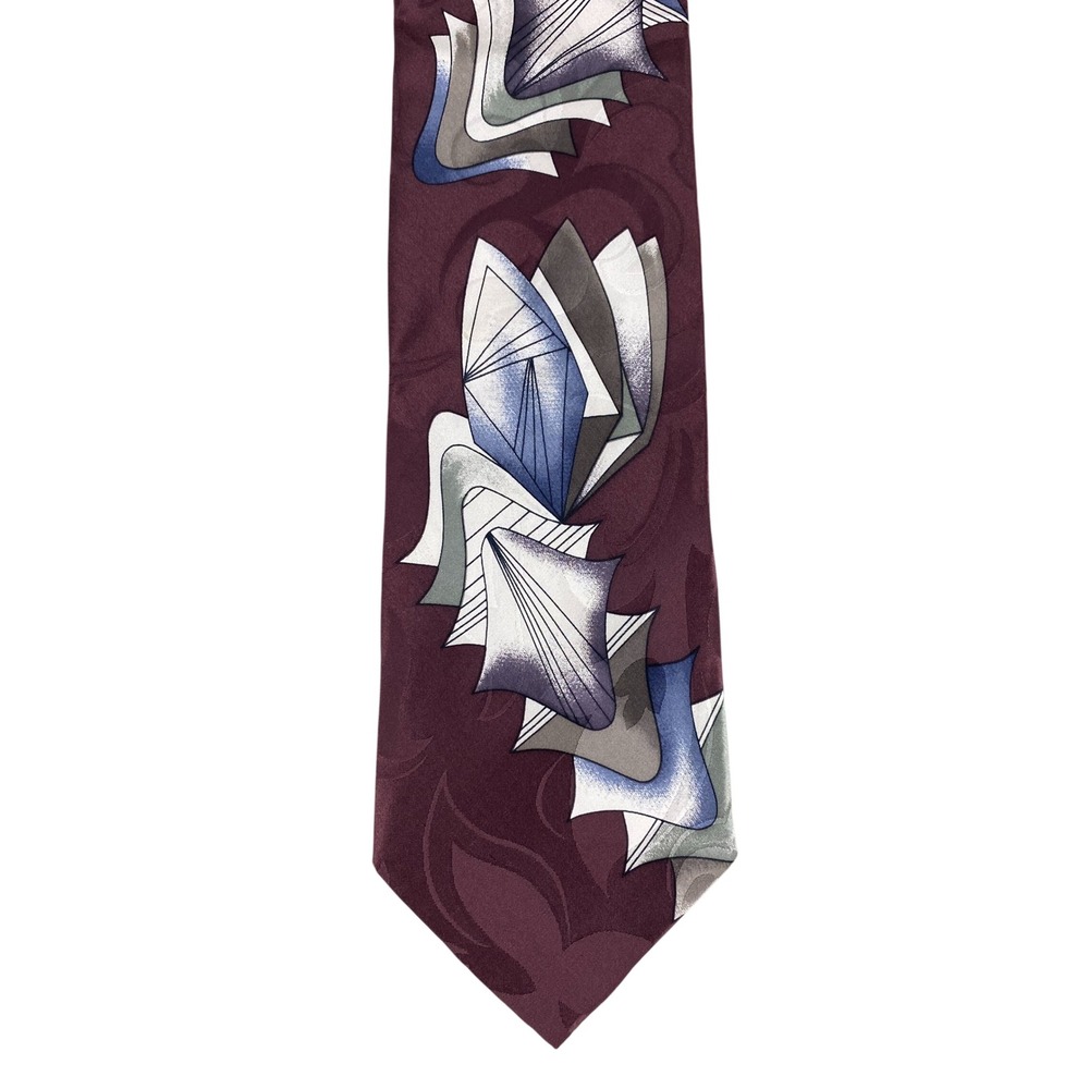 Chez Roffe Mens Tie Burgundy Geometric Silk Retro Abstract Art Deco Artsy 57x4